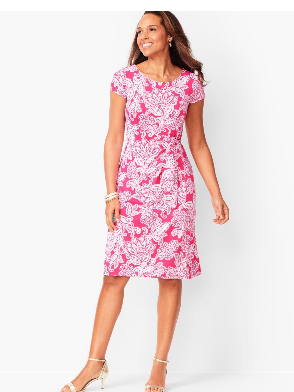 Talbots Knit-Jersey Tie-Front Paisley Pink Dress Size Small EUC
